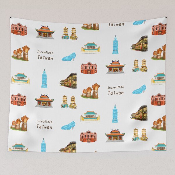 Item preview, Taiwan Famous Buildings Illustration 台灣建築插畫 - 紅樓 / 天后宮 / 龍虎塔 / 台北101 / 高跟鞋教堂 / 故宮 / 龍騰斷橋 / 阿妹茶樓 designed and sold by Rose Chiu.