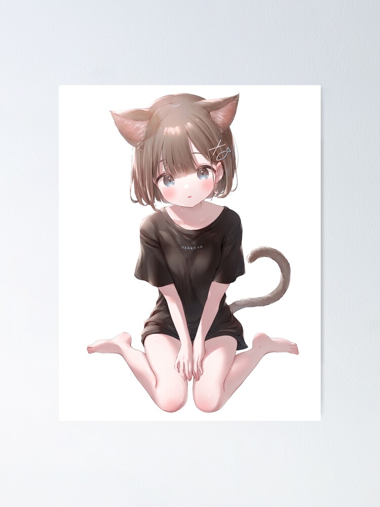 Kawaii Anime Neko Cat Girl With white hair | Poster