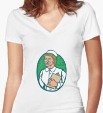 Nurse Holding Clipboard Oval Woodcut Linocut Women's Fitted V-Neck T-Shirt