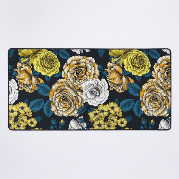Item preview, Yellow, white and bi-color roses with blue leaves on black designed and sold by Katerina Mitkova Kirilova.