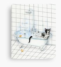 Tuxedo Cat Reading Newspaper in Bathtub Canvas Print