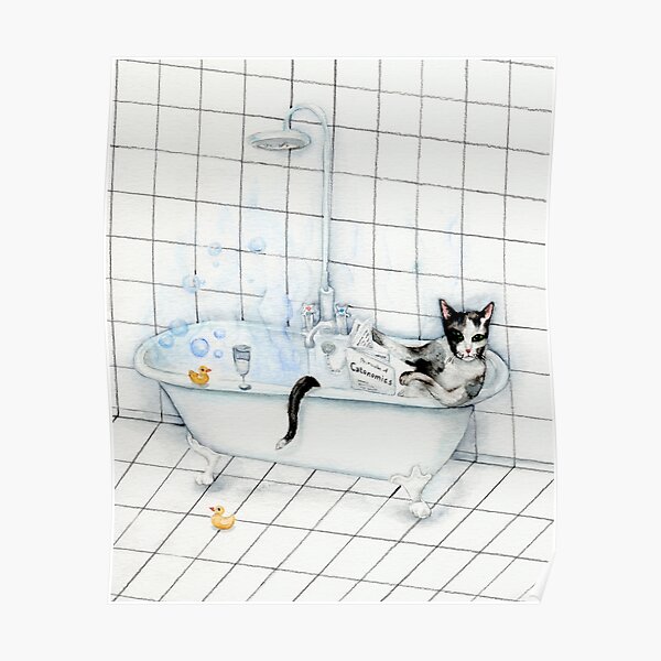 Tuxedo Cat Reading Newspaper in Bathtub Poster
