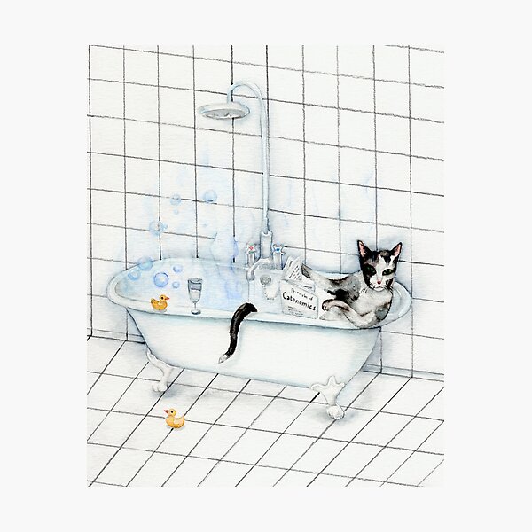 Tuxedo Cat Reading Newspaper in Bathtub Photographic Print