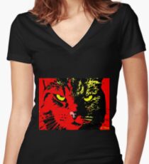 ANGRY CAT POP ART - YELLOW BLACK RED Women's Fitted V-Neck T-Shirt