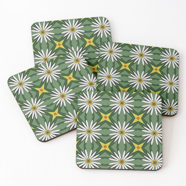 Item preview, Daisy flower looking design with yellow and white pedals, green leaf background, unique hand drawn geometric repeating pattern - WelshDesigns designed and sold by welshdesigns.