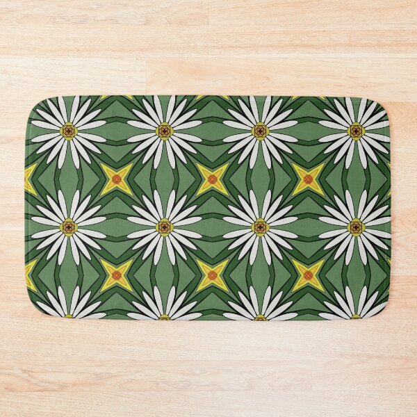 Item preview, Daisy flower looking design with yellow and white pedals, green leaf background, unique hand drawn geometric repeating pattern - WelshDesigns designed and sold by welshdesigns.