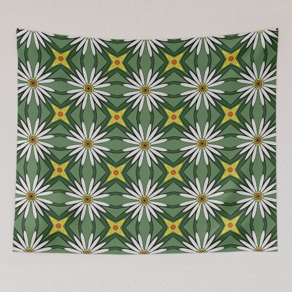 Item preview, Daisy flower looking design with yellow and white pedals, green leaf background, unique hand drawn geometric repeating pattern - WelshDesigns designed and sold by welshdesigns.