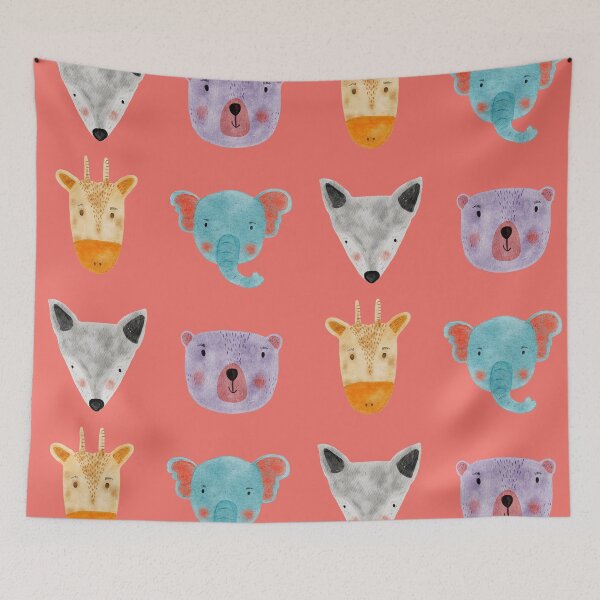 Item preview, Cute Watercolor Animal Faces Elephant Fox Bear Goat Zoo - Pink Orange designed and sold by StudioAkubi.