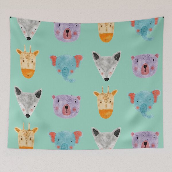 Item preview, Cute Watercolor Animal Faces Elephant Fox Bear Goat Zoo - Mint designed and sold by StudioAkubi.