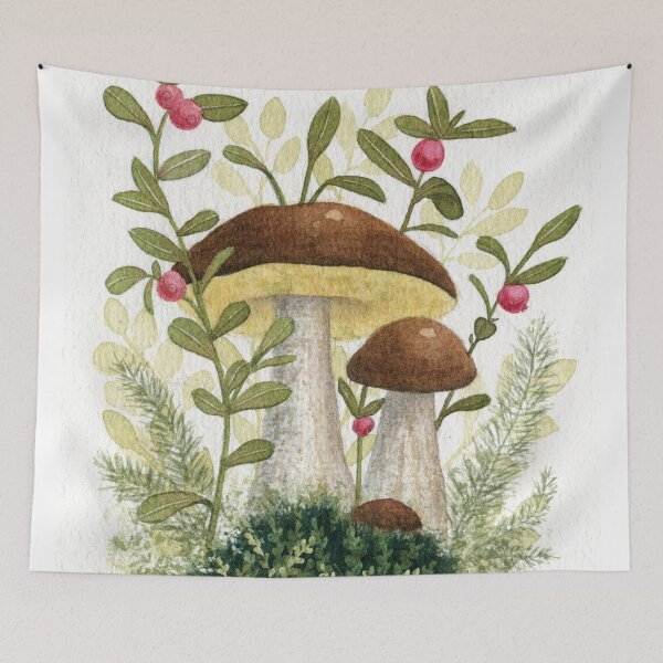 Item preview, Wild Mushrooms and Red Berries Watercolor Painting designed and sold by AlicjaCurioseur.