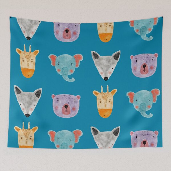 Item preview, Cute Watercolor Animal Faces Elephant Fox Bear Goat Zoo - Blue designed and sold by StudioAkubi.