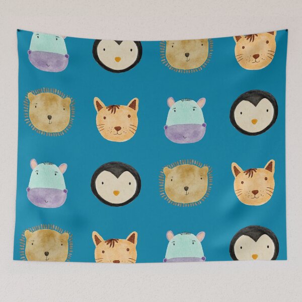Item preview, Cute Watercolor Animal Faces Cat Penguin Hippo Bear Zoo - Blue designed and sold by StudioAkubi.