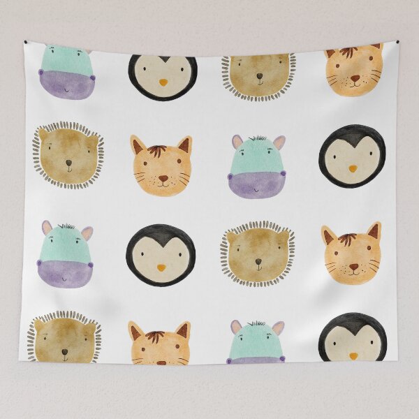 Item preview, Cute Watercolor Animal Faces Cat Penguin Hippo Bear Zoo - White designed and sold by StudioAkubi.