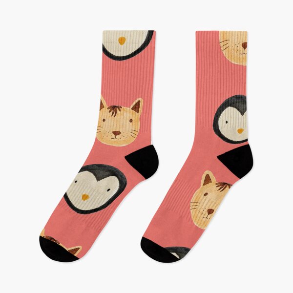 Item preview, Cute Watercolor Animal Faces Cat Penguin Hippo Bear Zoo - Pink Orange designed and sold by StudioAkubi.