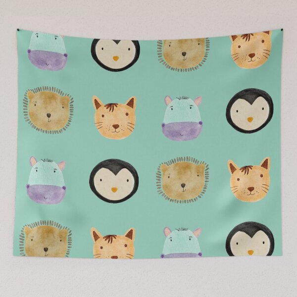 Item preview, Cute Watercolor Animal Faces Cat Penguin Hippo Bear Zoo - Mint designed and sold by StudioAkubi.