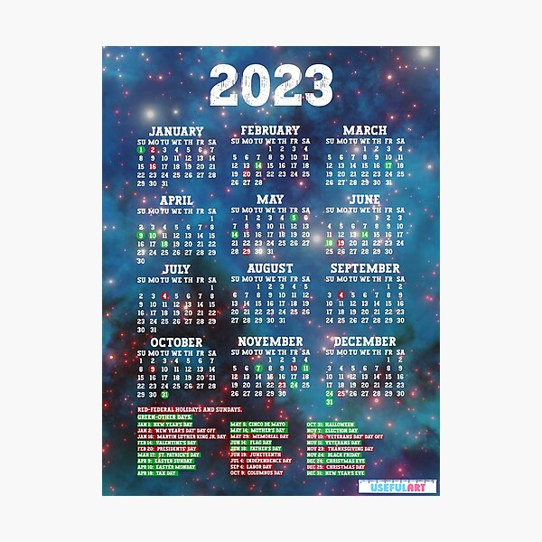 Lámina Fotográfica Calendario De Estados Unidos 2023 Con DÍas Festivos No7 De Usefulart Shop 2227