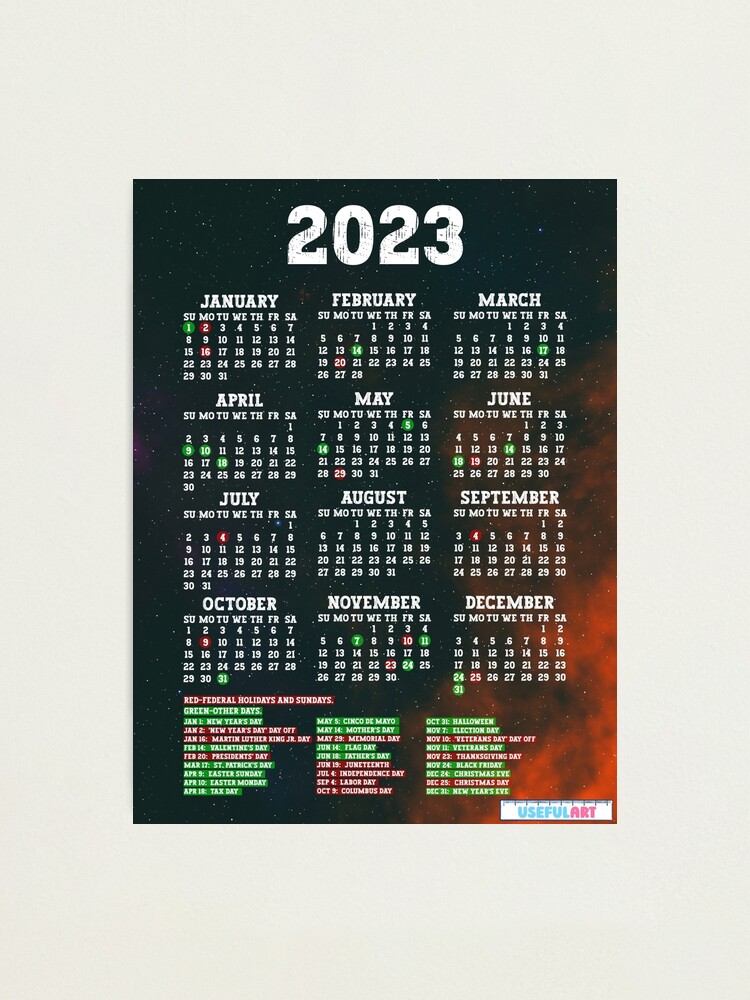 Lámina Fotográfica Calendario De Estados Unidos 2023 Con DÍas Festivos No9 De Usefulart Shop 9484