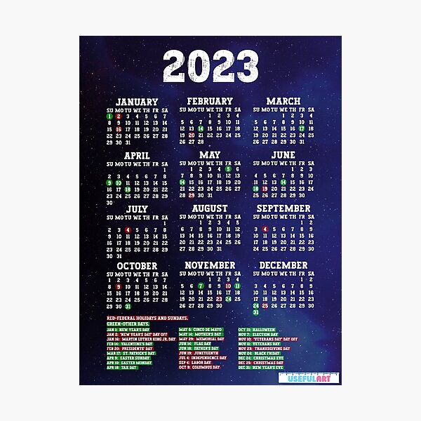 Lámina Fotográfica Calendario De Estados Unidos 2023 Con DÍas Festivos No12 De Usefulart Shop 8450