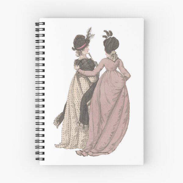 Item preview, 1790s Paris Gallery of Fashion Illustration - Pair of Women Pink Dress White Dress Grey Scarf Feathered Hats designed and sold by NBerniceDesigns.