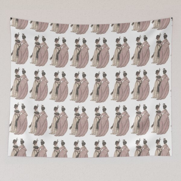 Item preview, 1790s Paris Gallery of Fashion Illustration - Pair of Women Pink Dress White Dress Grey Scarf Feathered Hats designed and sold by NBerniceDesigns.