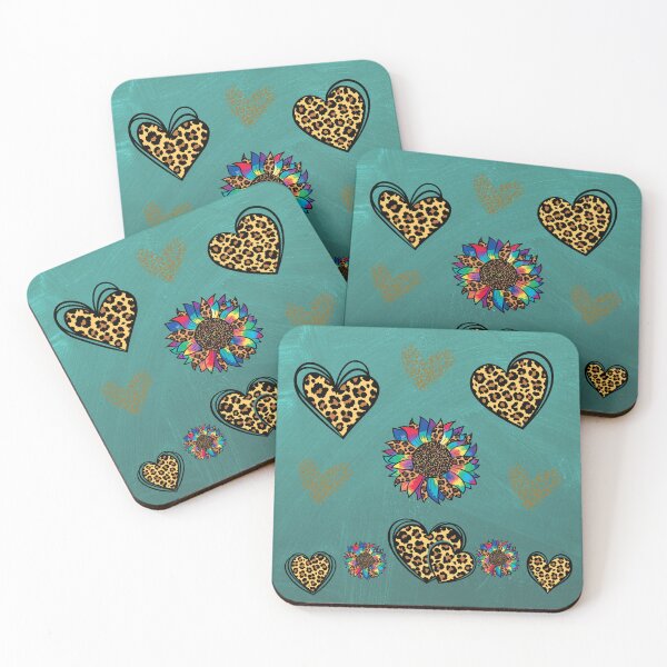 Item preview, Leopard Print Hearts Bright Colored Flowers on Turquoise Background  designed and sold by LanaDevon.