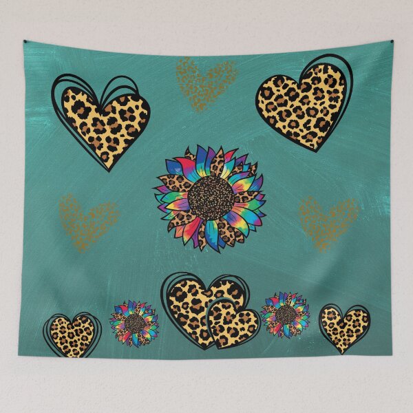 Item preview, Leopard Print Hearts Bright Colored Flowers on Turquoise Background designed and sold by LanaDevon.
