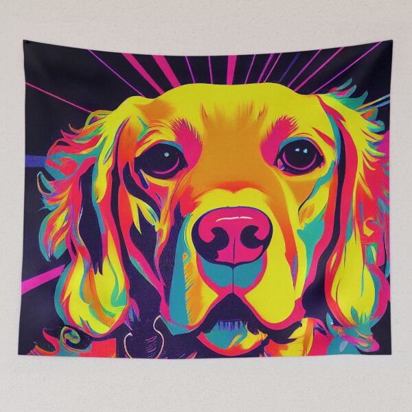 Aperçu de l'œuvre golden retriever, pop art, synthwave, rétro créée et vendue par PeanutArtCorner.