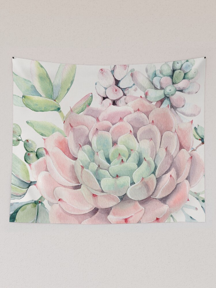 Imagen 2 de 3, Tela decorativa con la obra Bonita ilustración de suculentas desérticas rosas y verdes, diseñada y vendida por DesertDecor.