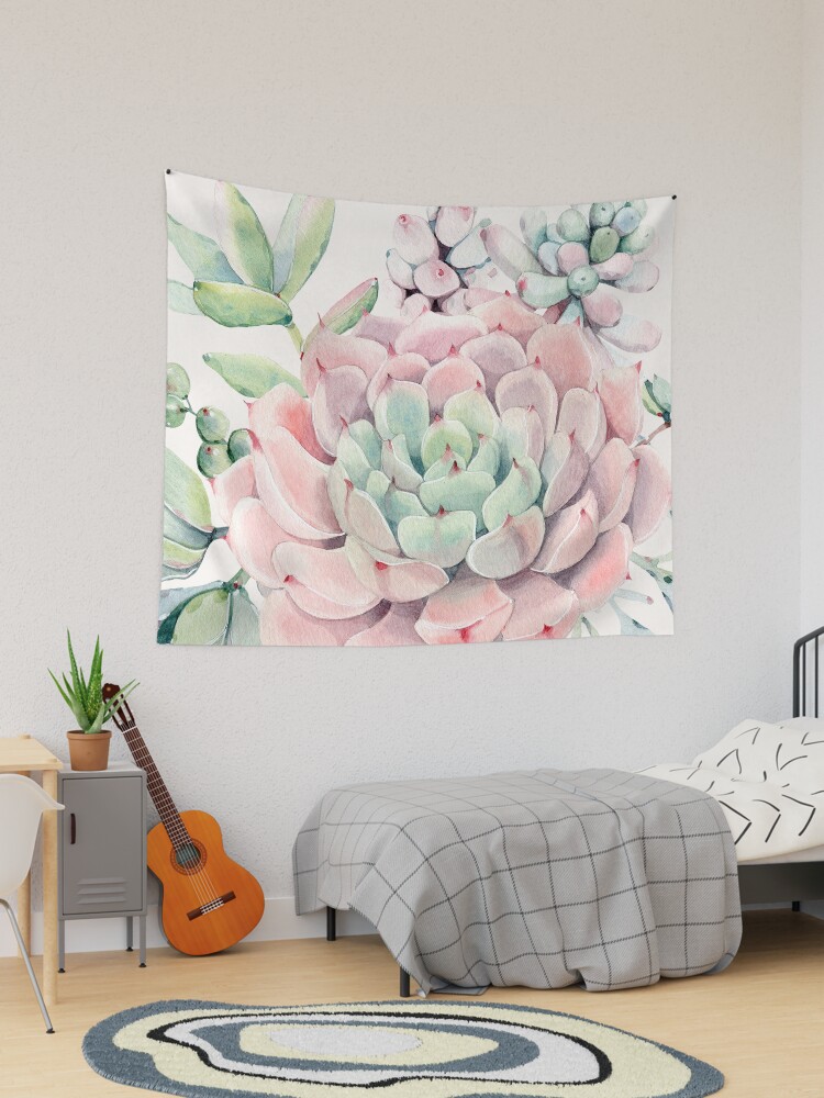 Imagen 1 de 3, Tela decorativa con la obra Bonita ilustración de suculentas desérticas rosas y verdes, diseñada y vendida por DesertDecor.