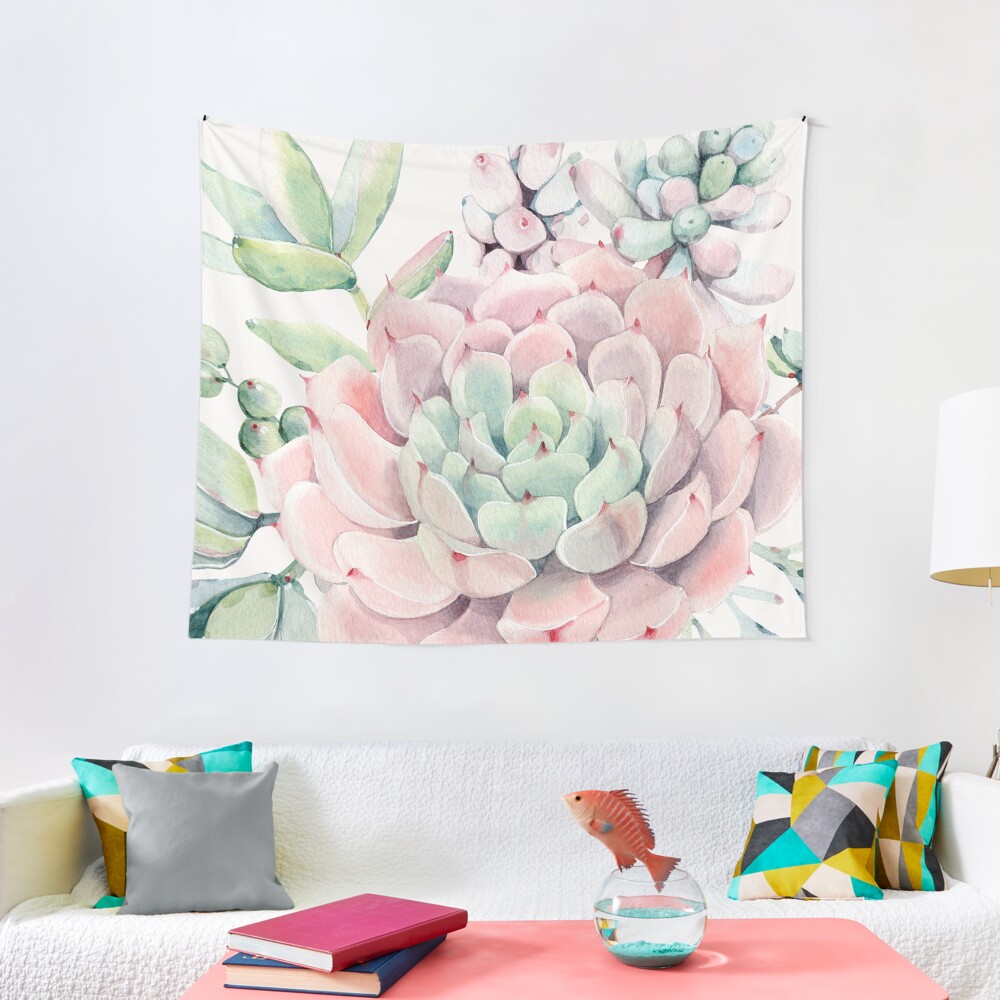 Pretty Succulents Pink and Green Desert Succulent Illustration Tapestry