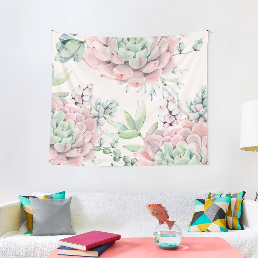 Trendy Succulents Pink and Green Desert Succulent Design Tapestry