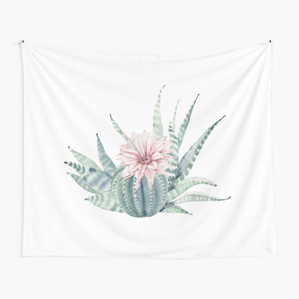 Pretty Succulents Pink and Mint Green and White Desert Succulent Illustration Tapestry