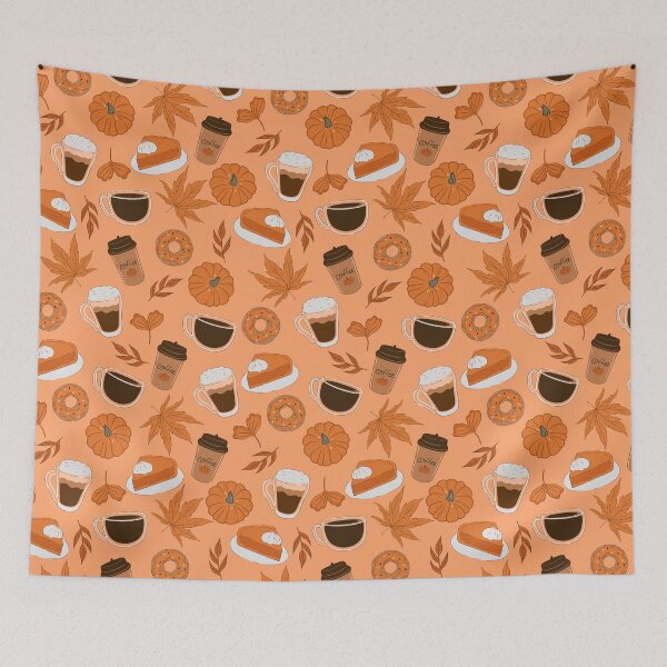 Item preview, pattern with autumn leaves, donuts, pumpkins and coffee designed and sold by burbura.