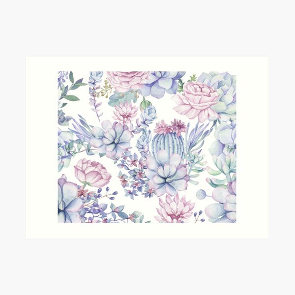 Trendy Succulents Green and Blue Desert Succulent Southwestern Pattern Art Print