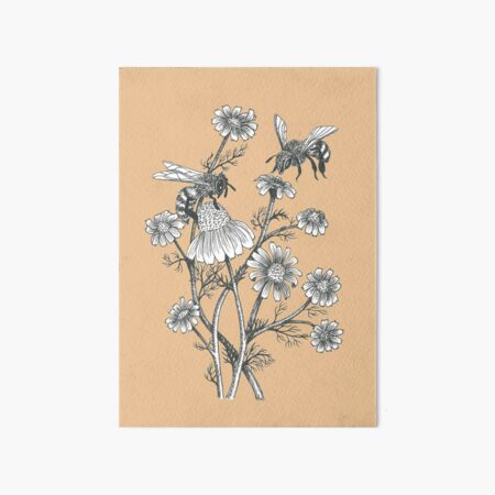 bees and chamomile on caramel background Art Board Print