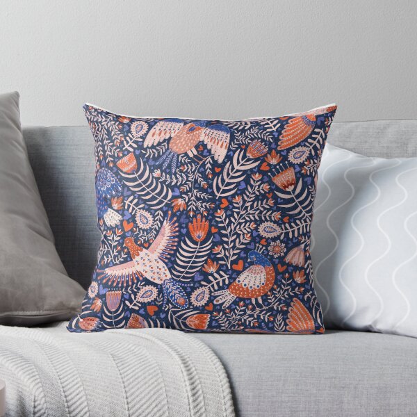 Oiseaux d'art populaire suédois sur bleu foncé Coussin