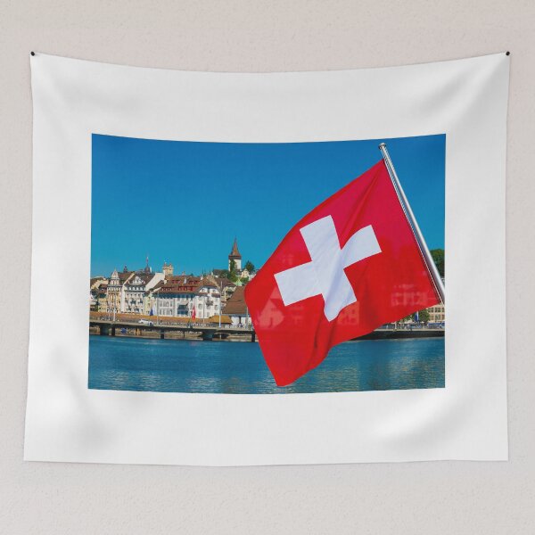 Item preview, Swiss Flag in City of Lucerne with Lake in a Sunny Summer Day in Lucerne designed and sold by Mats Silvan.