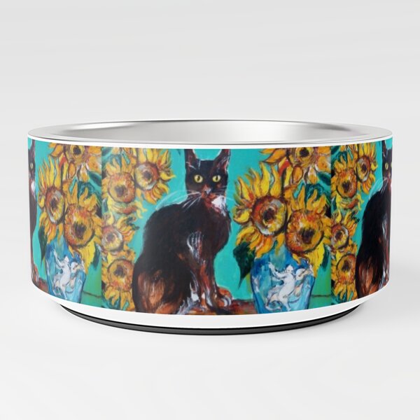 SUNFLOWERS WITH BLACK CAT IN BLUE TURQUOISE YELLOW COLORS Pet Bowl