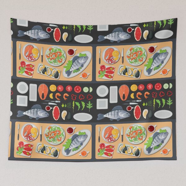 Item preview, Sea Food. Healthy Food. Prepared Fish. Vegetables and Fish. Seafood Menu. Fish and Shrimps. Seafood Cuisine. Vector illustration. Flat style designed and sold by ivector.