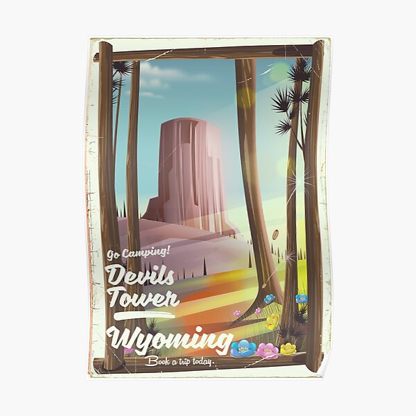 Devils Tower, Wyoming vintage Camping print. Poster