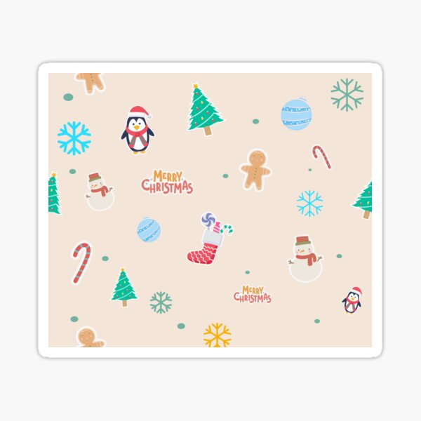 Cute Merry Christmas Pattern Design- Snowman Candy Cane Penguin Snowflake Ornament Tree Gingerbread Sticker