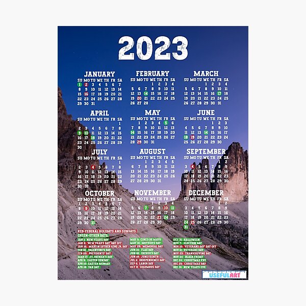 Lámina Fotográfica Calendario De Estados Unidos 2023 Con DÍas Festivos No24 De Usefulart Shop 8001