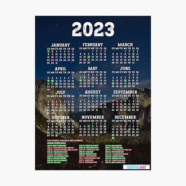 Lámina Fotográfica Calendario Estados Unidos 2023 Con DÍas Festivos No32 De Usefulart Shop 7229