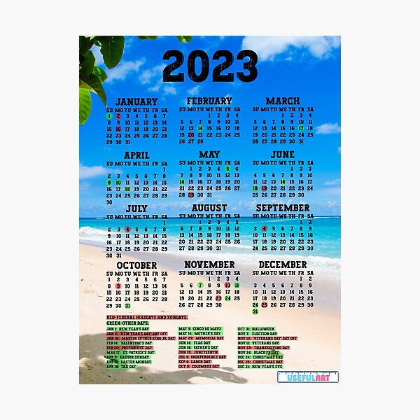 Lámina Fotográfica Calendario Estados Unidos 2023 Con DÍas Festivos No34 De Usefulart Shop 9400