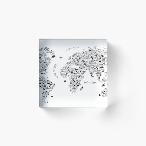 Typography World Map. Acrylic Block