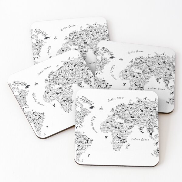 Typography World Map. Coasters (Set of 4)