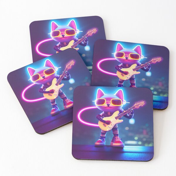 Item preview, Neon cat playing guitar designed and sold by Promptjourney.
