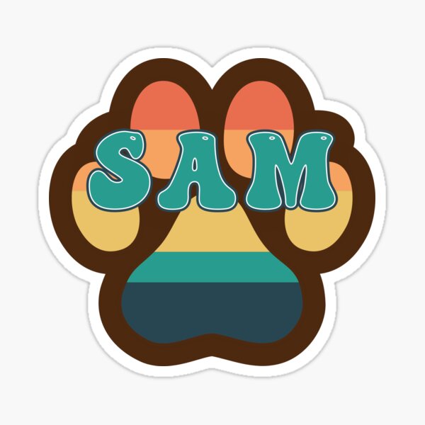 Sam Dog Name Vintage Sunset Paw Prints on Brown - Sam Dog Name Sticker