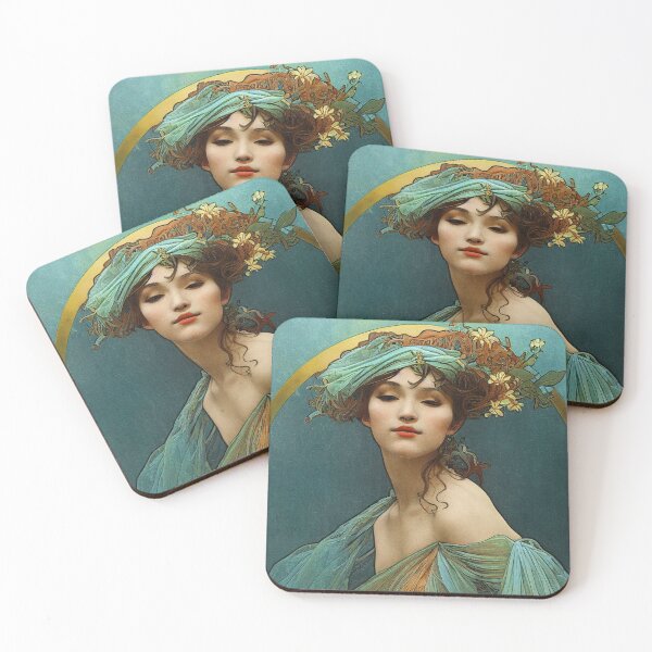 Item preview, Art Nouveau Beauty in Turquoise and Orange - Vintage, Mucha, Gilded Age designed and sold by AllRealities.