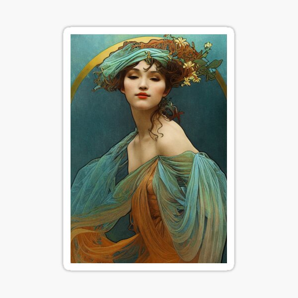 Item preview, Art Nouveau Beauty in Turquoise and Orange - Vintage, Mucha, Gilded Age designed and sold by AllRealities.